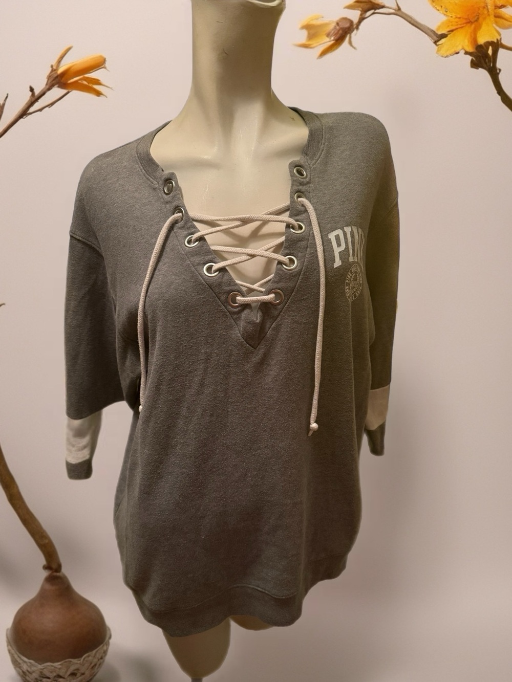 PINK Victoria's Secret Lace-Up V-Neck Pullover Sweatshirt - Gray